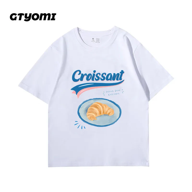 Korean Female T-Shirts Croissant Print Tops Short Sleeve O-Neck Women Cotton Y2k Tee Oversized Tshirt Female streetwear Clothing