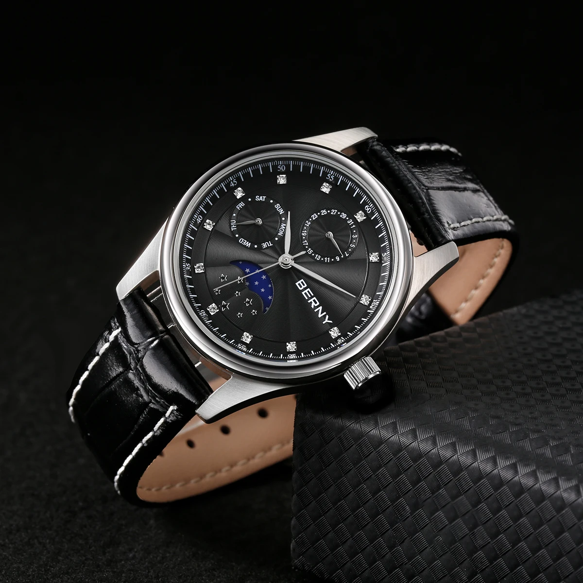 BERNY Men Watch Date Weeks Moon Phase Quartz Watches for Men Stainless Steel Leather Strap Business Wristwatch Male Clock