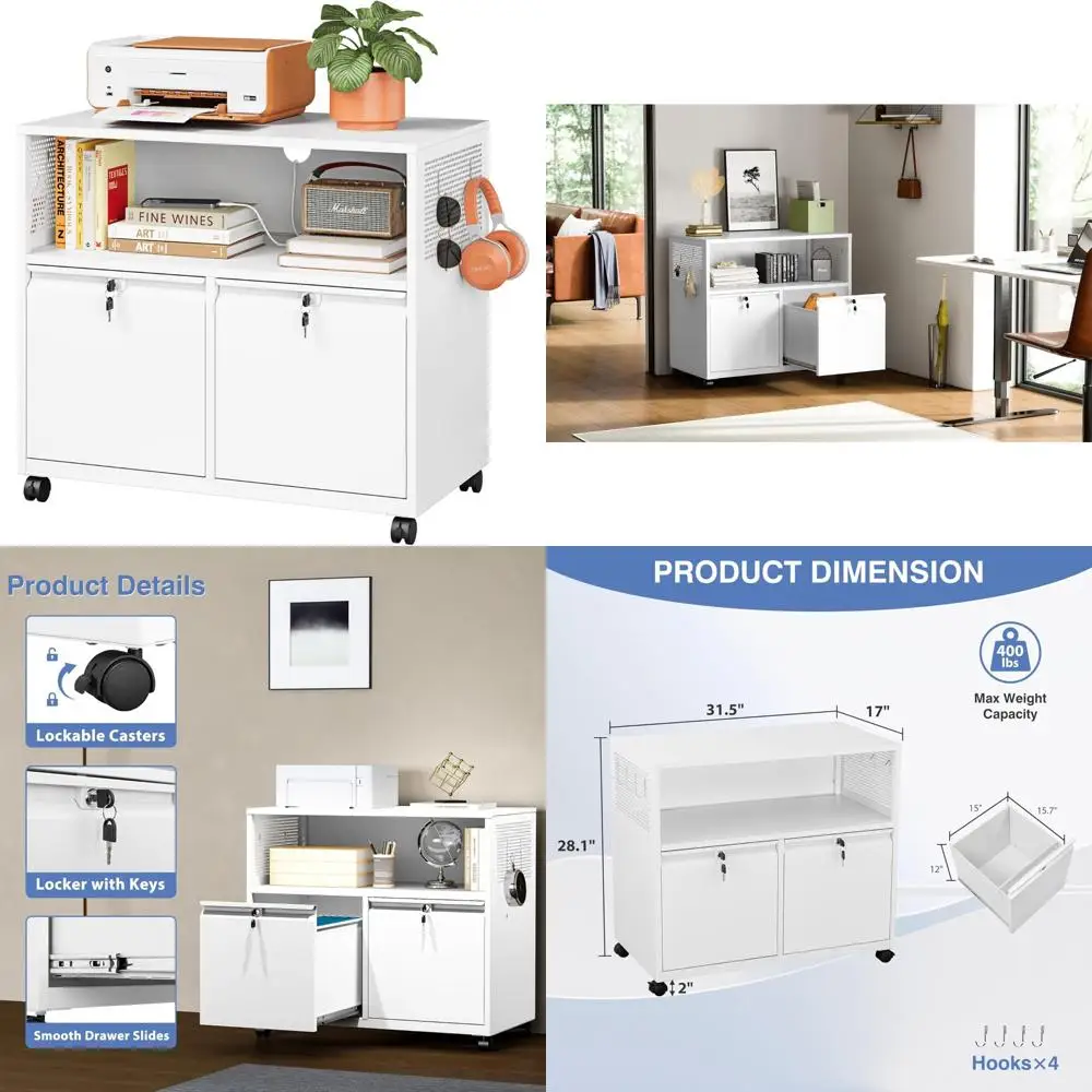 Schedario laterale in metallo con serratura a 2 cassetti con supporto per stampante con rotelle e ripiani portaoggetti per l'organizzazione dell'home office