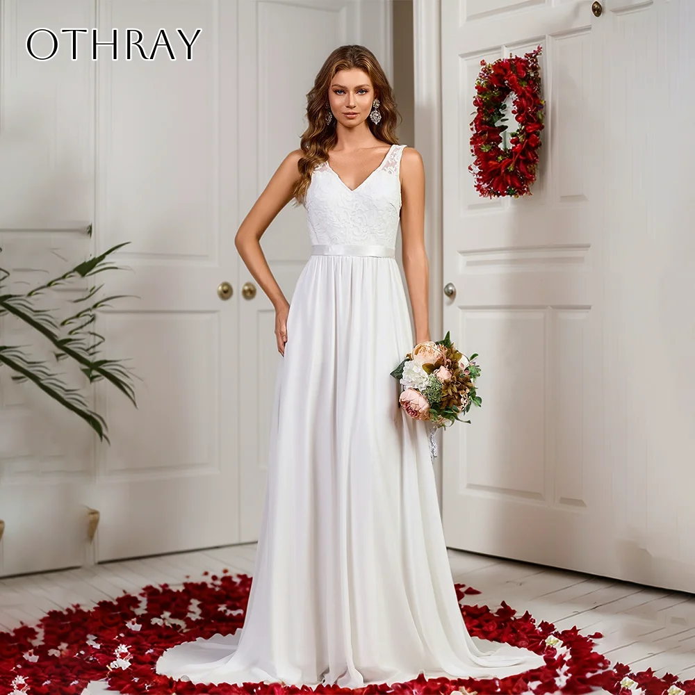 Lace V-neck A-line Bridal Wedding Gown Sleeveless Backless Chiffon Sweep Train Customized свадебное платье