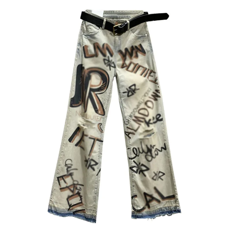 

Женские джинсы с высокой талией, прямые, широкие, с принтом, длиной в пол, из хлопкового стрейч-денима