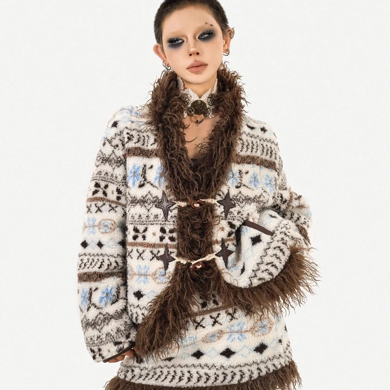 

2025 Autumn Winter New Lamb Wool Women's Coats Original Design American Retro Print Horn Button Thickened Warm Jackets Ladies