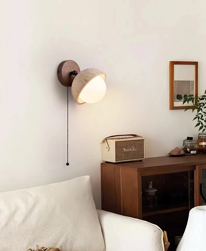 Dark Wood Base LED Wall Lamp Real Stone Vintage Sconce