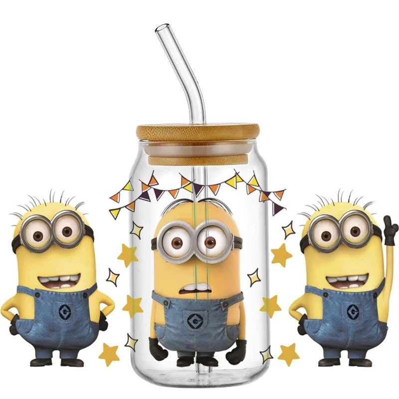 Miniso dessin animé autocollant 3D jaune Minions garçon UV DTF tasse enveloppes transferts autocollant sur transfert pour verre peut enveloppe 16oz Libbey