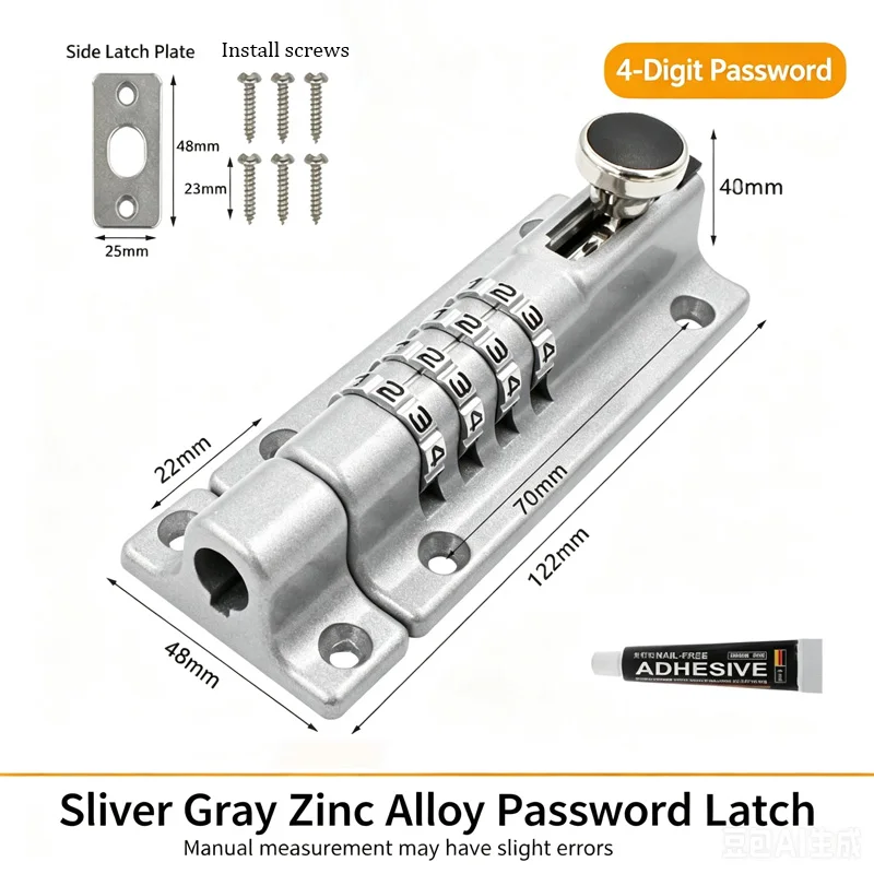 4 Digit Combo Door Lock, 2/4 Pack Zinc Alloy Slide Latch, Heavy Duty Security Gate Lock with Screws & Glue, Waterproof Hardware