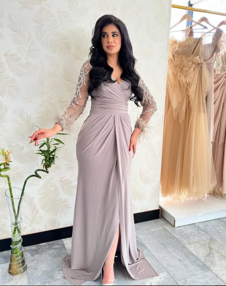 

Серебристо-серые шифоновые вечерние вечерние платья с блестящим кружевом и длинными рукавами, рюшами и перьями, платье для выпускного вечера, наряд по индивидуальному заказу