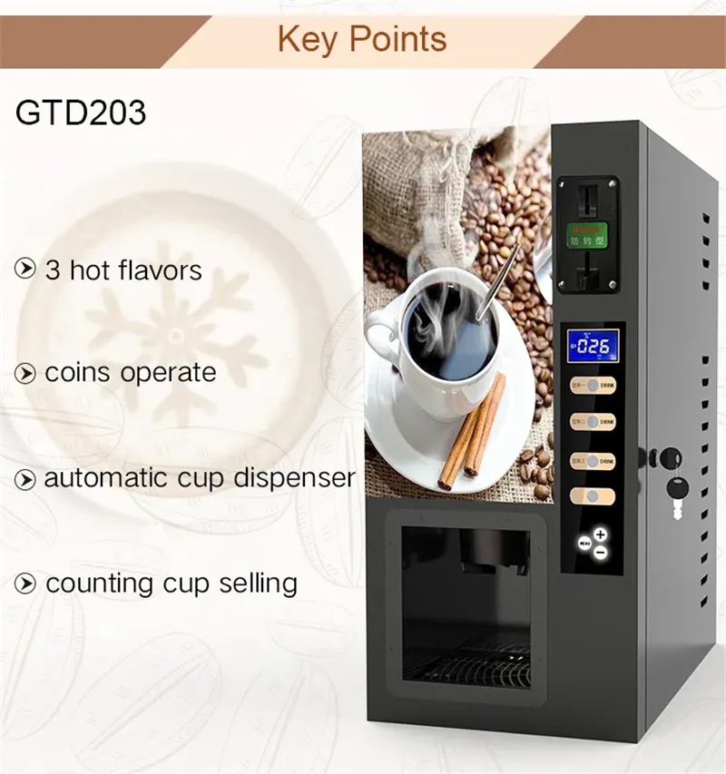 Coin Operate Three Flavors Drink Dispenser Machine Chocolate Milk Powder Tea Coffee Maker Hot Beverage Vending Machine