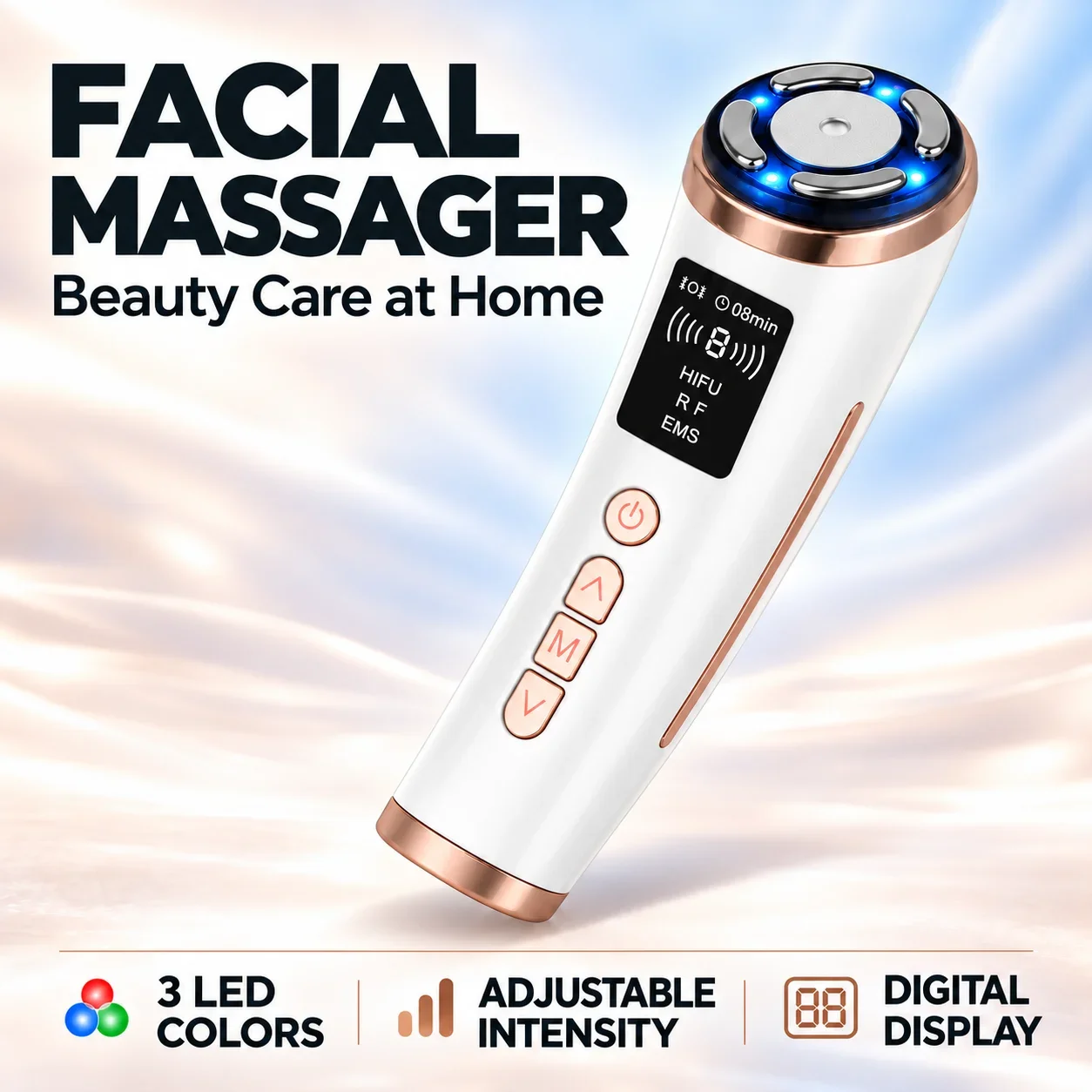 Electric Facial Massager with 3 LED Colors Adjustable Intensity Digital Display Handheld Skin Care Device for Home Use