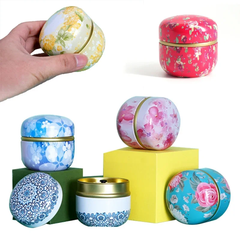 Portable Universal Tea Storage Sealed Box, Circular Retro Pattern Printed Metal Jars, Double Sealed Tea Coffee Container, 50g