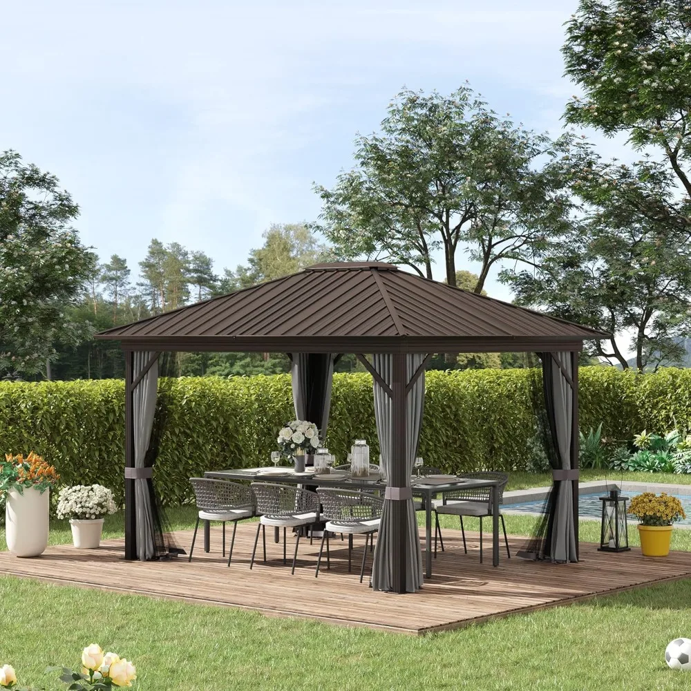 

10' X 12' Hardtop Gazebo with Curtains and Netting, Permanent Pavilion Metal Single Roof Gazebo Canopy with, Customized