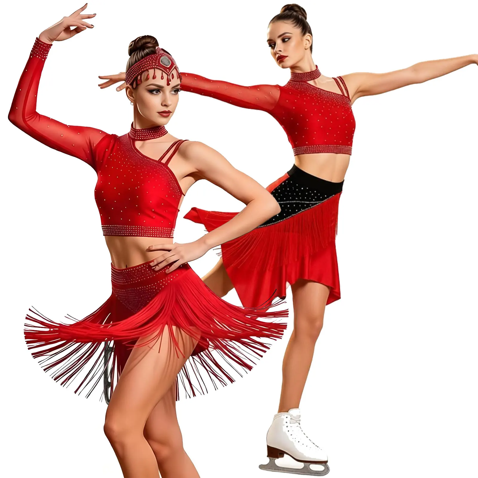 Women Latin Tango Contemporary Dance Outfit Rhinestones Ballet Lyrical Gymnastics Figure Skating Dance Costume Vest with Skirt