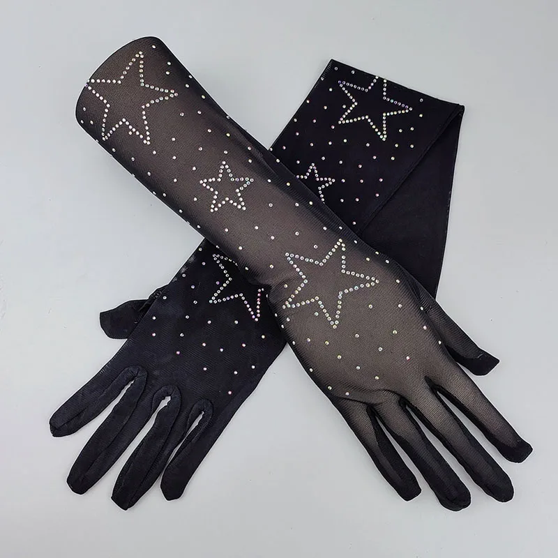 55CM Long Thin Sexy Lace Sunscreen Black Mesh Star Shiny Rhinestone Gloves Cosplay Halloween Makeup Party Costumes Accessories