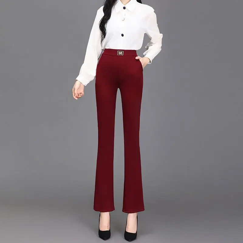 

Women's Coffee High Waist Flare Pants Slim Fit Office Casual Trousers With Decorative Waistband