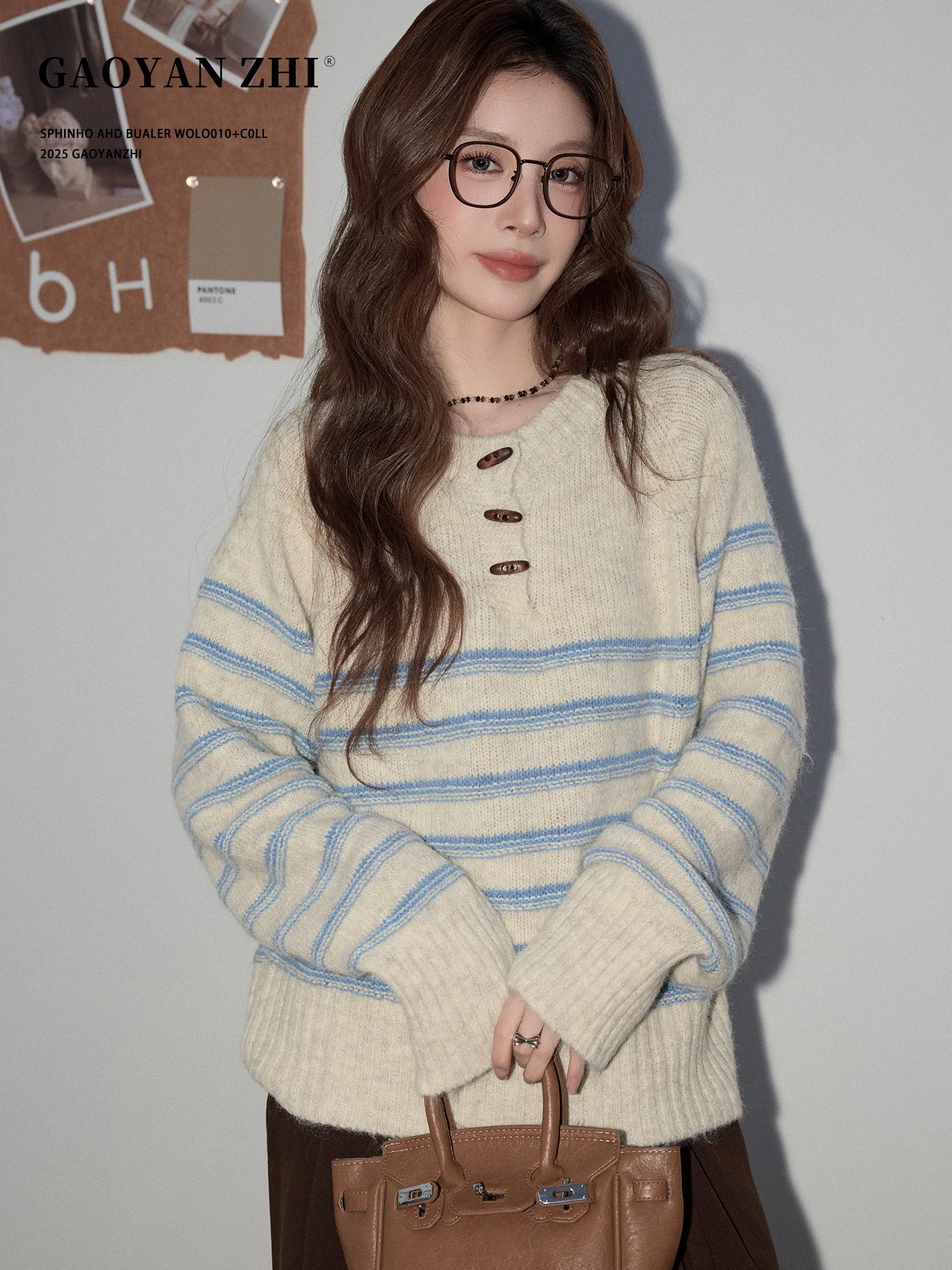 

High Yanyan�� Contrast Color Vintage Stripes Women's Sweater Autumn Winter Lazy Sle Loose Soft Knitted Top Button up