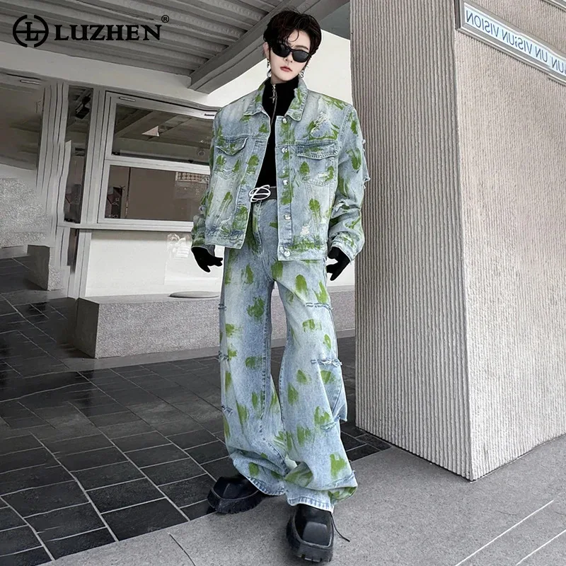 LUZHEN Fashion Tie-dyed Design Two-piece Sets Men\'s High Street Trendy Denim Jacket Loose Straight Jeans 2024 Autumn New LZ2962