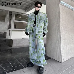 LUZHEN Fashion Tie-dyed Design Two-piece Sets Men's High Street Trendy Denim Jacket Loose Straight Jeans 2024 Autumn New LZ2962