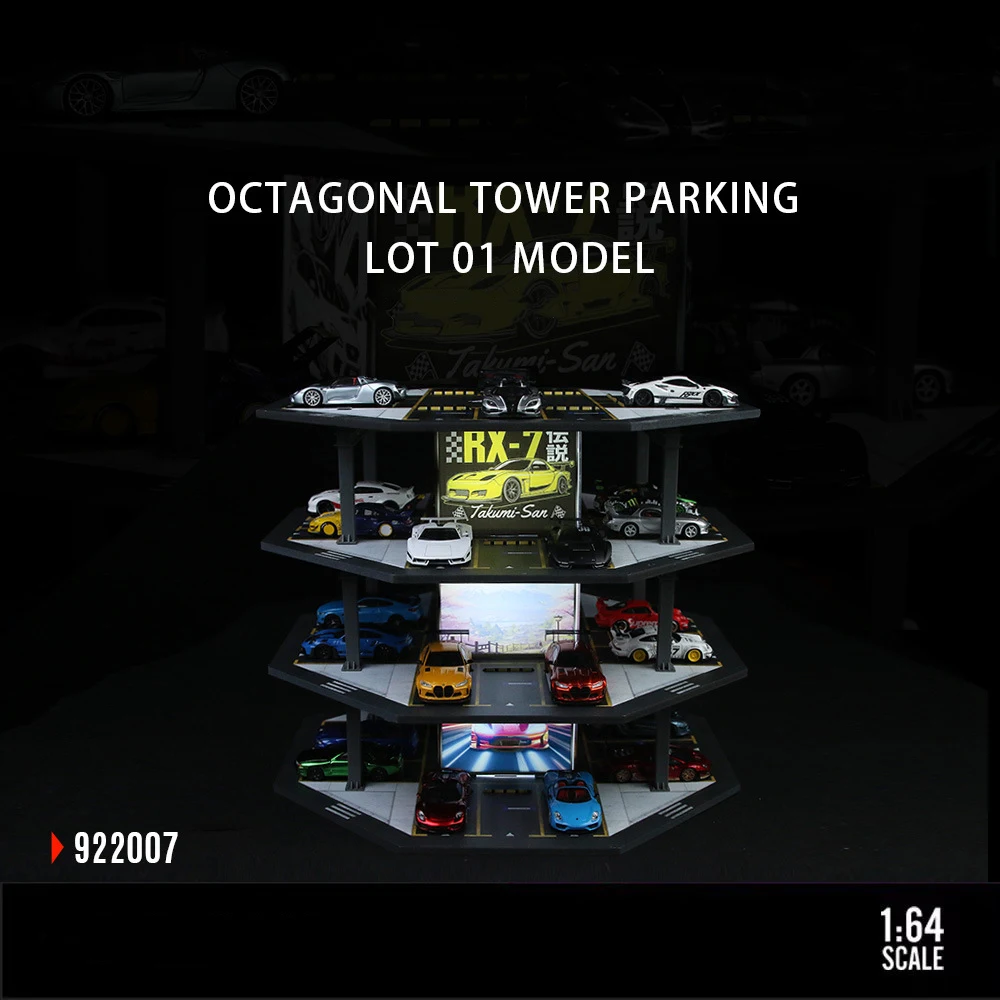 Modelli di garage per auto Parcheggio per edifici ottagonali 1:64 - 48 spazi di parcheggio, illuminato, scena di simulazione in miniatura