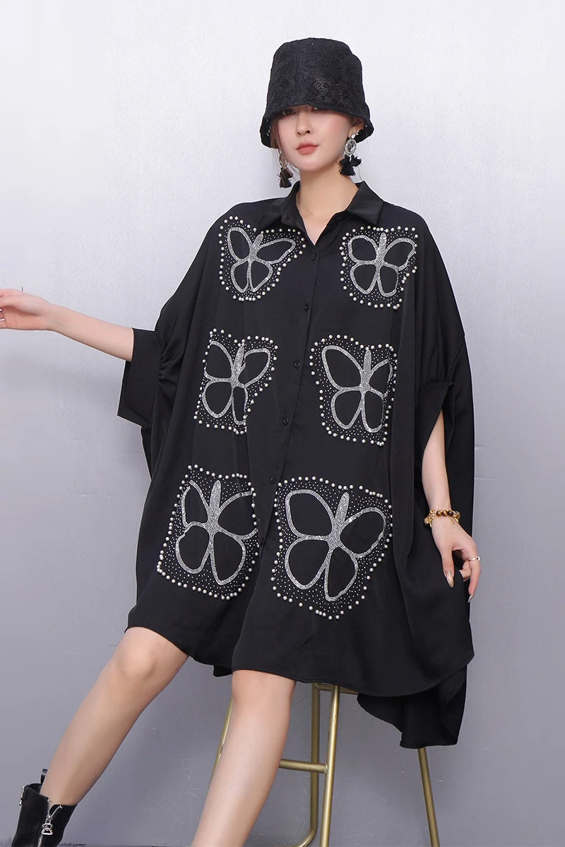 2025 Autumn Winter Elegant Women Casual Loose Butterfly Embroidered Cloak Shirts Short Dresses Female Dress Wholesale J2119