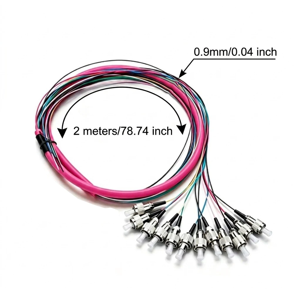 12 Core OM4 Red Multimode Fiber Pigtail 2m Length Low Loss For LC For SC FC ST Connector Network Cabling System Accessories