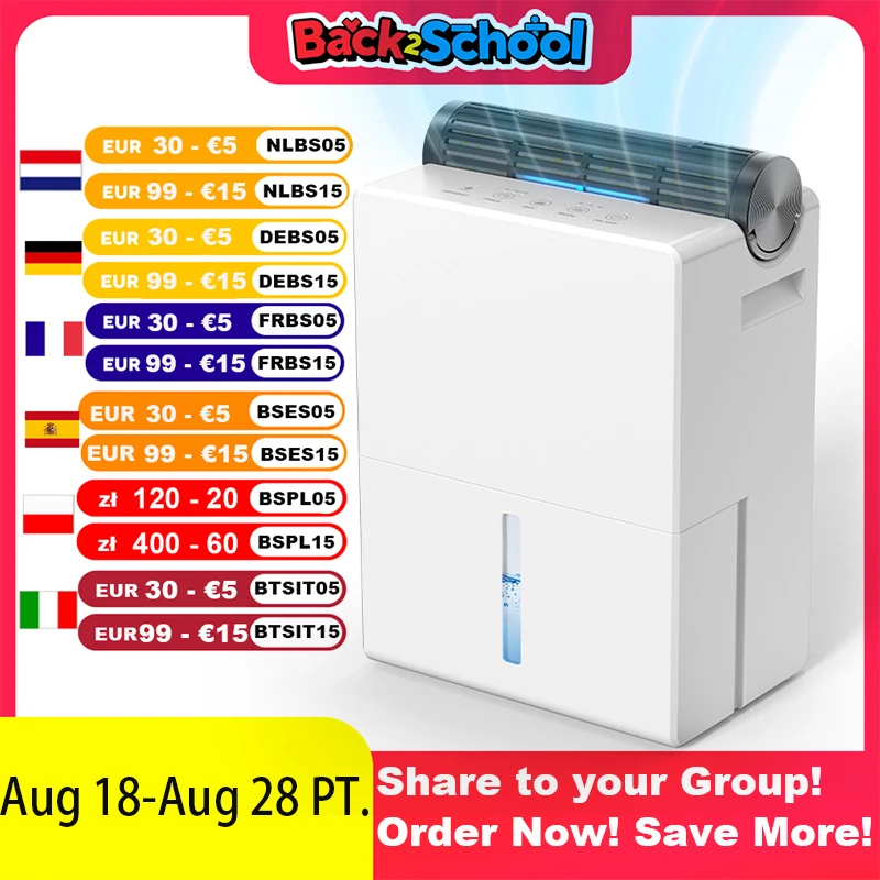 Déshumidificateur pour chambre à coucher 2000 ml, conception à double maintien, mode de séchage, mode veille 30 dB, fonction de dégivrage automatique, minuterie 24h