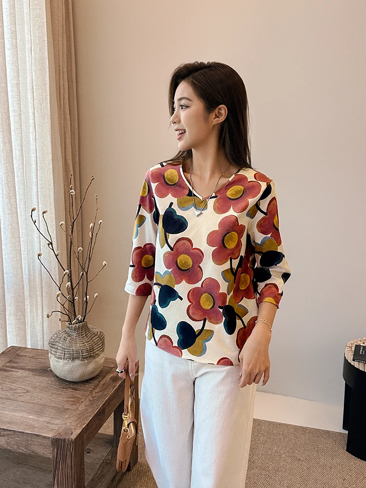 

Loose Pure Cotton V-ne 3/4 Sve T-irt Comfortable Retro Floral Oil Painting Sle Slimming Casual Fit Women's irt