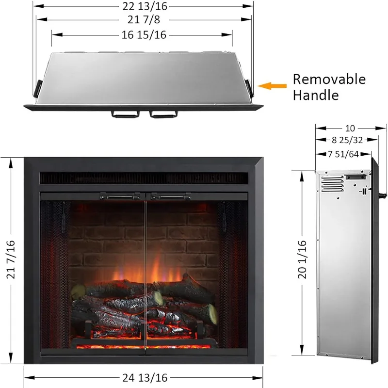 PuraFlame Klaus Electric Fireplace Insert with Fire Crackling Sound Glass Door and Mesh Screen, 750/1500W, Black