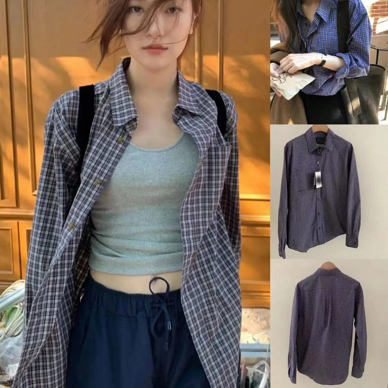 

Spring 2025 Women's Plaid Long Sve irt Korean Sle Color Blo Casual Loose Fit Mid-Length Button-Up Top