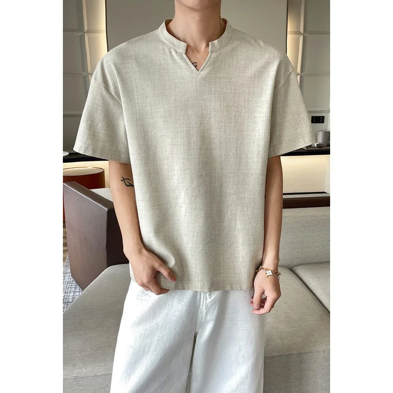 Mens Oversized Loose Short Sleeve Top Notch Collar Textured Woven T‑Shirt For Outdoor Walking Shopping And Daily Relax Outfit