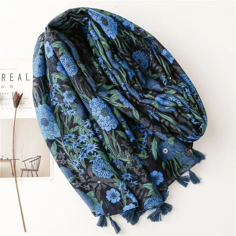 Aztec Abstract Navy Blue Floral Tassel Viscose Shawl Scarf High Quality Print Soft Foulards Bufandas Muslim Hijab Sjaal 180*90Cm