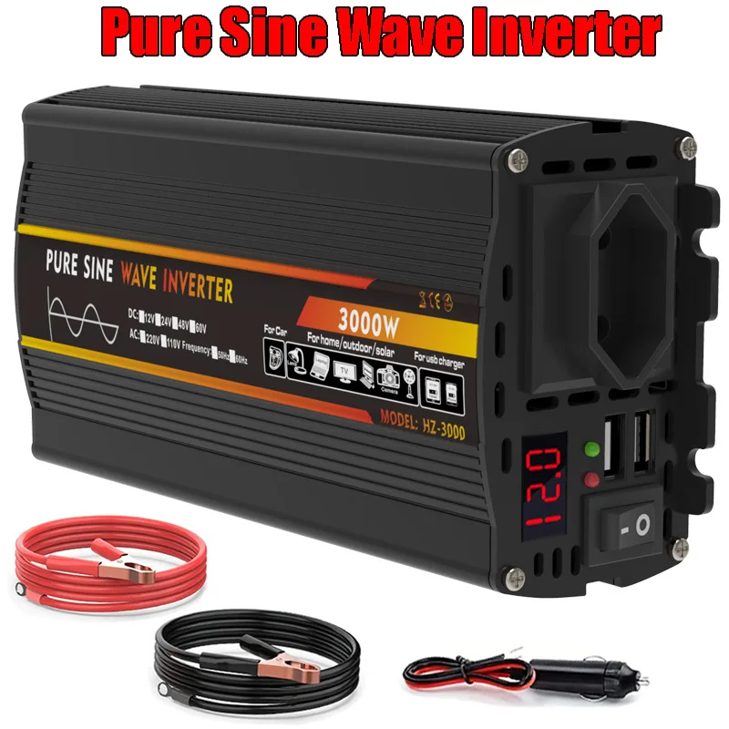 500W Pure Sine Wave Power Inverter – DC 12V to 220V/110V Car Converter with Dual USB & Smart Display for Home/RV/Solar