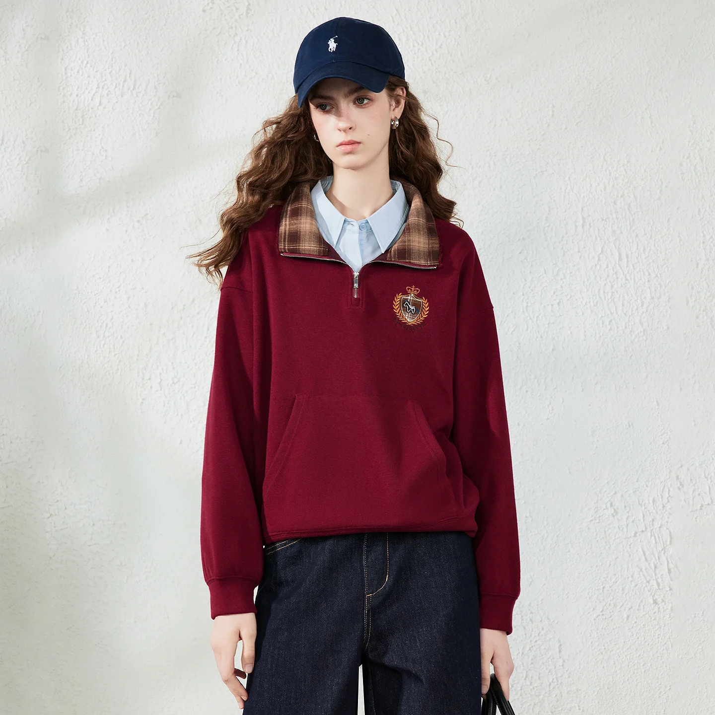 TOYOUTH Women Sweatshirt 2026 Autumn New Fleece College Style Embroidered Plaid Collar Loose Top