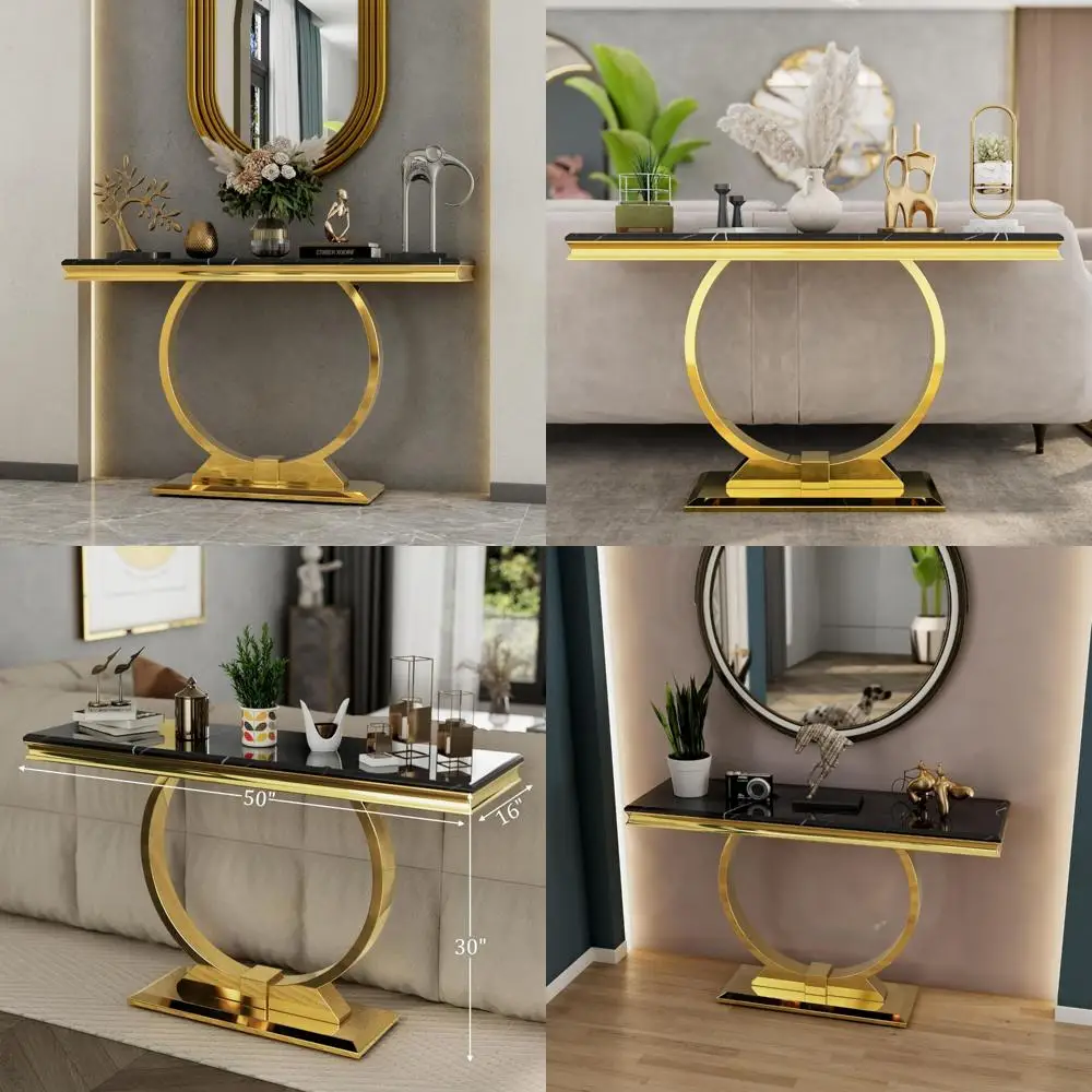 50 Inch Black and Gold Console Table with U-Shaped Base for Entryway in Polished Gold Finish