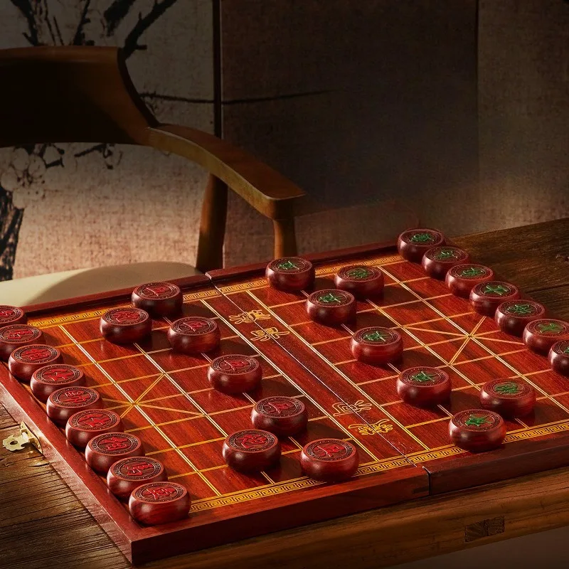 Chinese chess high-end solid wood safflower pear chessboard with wooden chess pieces large adult version folding