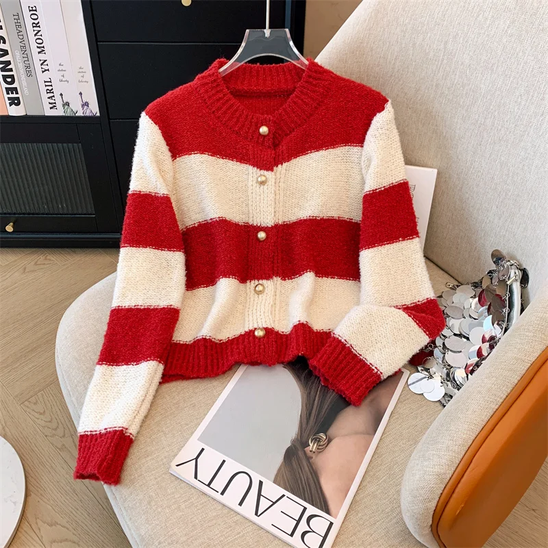 

Women's Red Striped Cardigan Loose Long Sleeve Knit Sweater Harajuku 90s Vintage Y2k Luxury Cashmere Sweater 2000s Clothes 2025