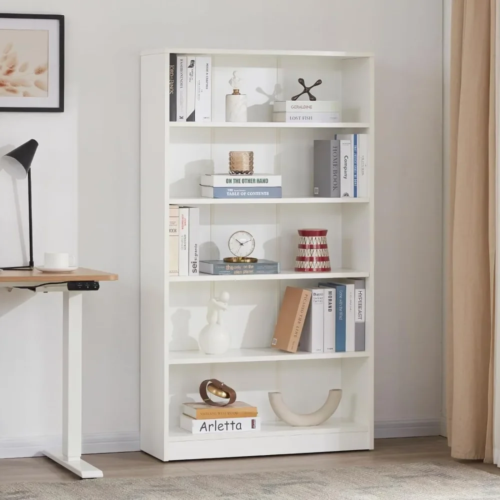 STARY 5 Shelf White Bookcase 60 inch Tall Wood Bookshelf for Bedroom