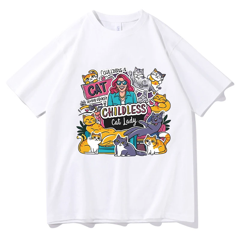 2024 Childless Cat Lady T-Shirts Women's Fashion Kawaii Meme Print Tees Short Sleeve Letters Summer Cotton Fashion Streetwear