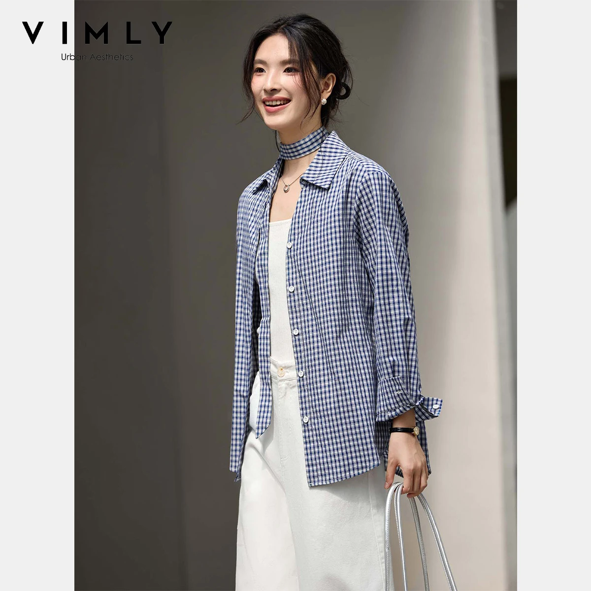 VIMLY Camicie a quadri casual da donna Autunno 2025 Camicia da donna con collo a polo in puro cotone Elegante top femminili a maniche lunghe con lacci A3067