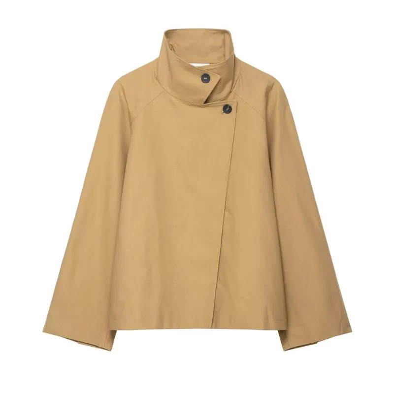 

Women Minimal Short Trench Jacket Autumn Casual High Collar Jacket Asymmetry Flared Hem Chic Pocket Female Jacket