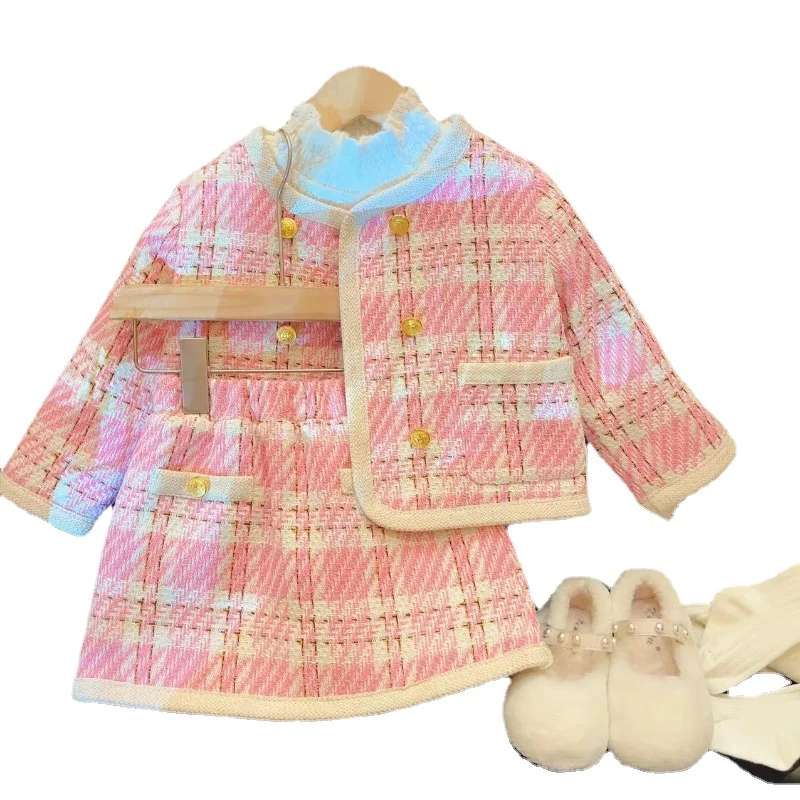 Winter Girls 2Pcs Plaid Cotton Padded Warm Sets Kids New Tweed Autumn Cardigan+Skirt Fleece T-Shirt Birthday Girls Outfit Suits