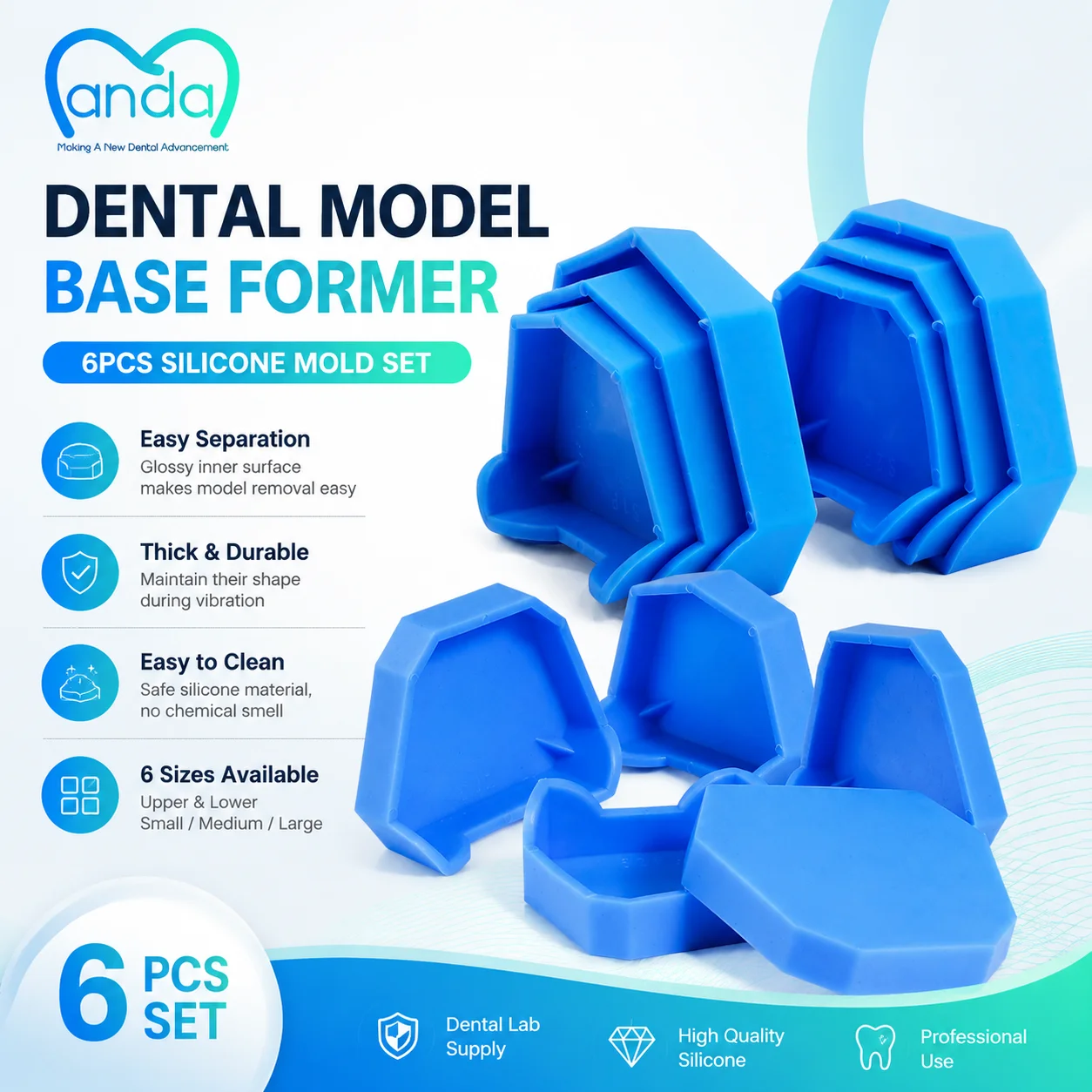 6Pcs-Dental-Model-Base-Mold-Set-Upper-Lower-Dental-Former-Silicone-Cast-Base-Making-Tool-Lab-Supply