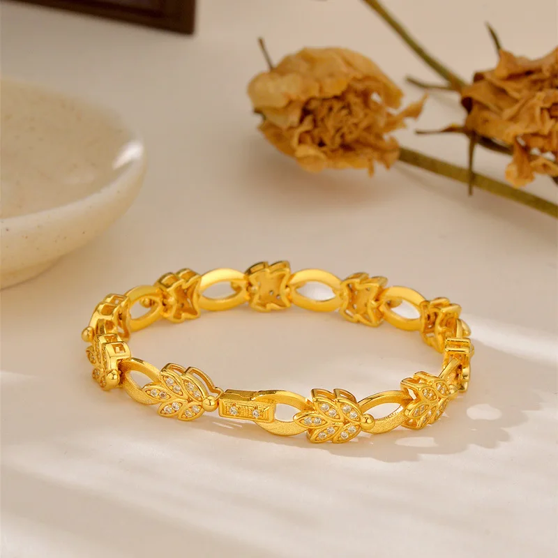 

Роскошный женский браслет из чистого золота 9999 карат из настоящего золота 9999 с браслетом из листьев пшеницы с муассанитом