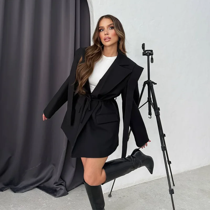 SKMY 2025 automne nouvelle couleur unie col rabattu ample à lacets taille haute robes courtes femmes vêtements à manches longues robe Blazer