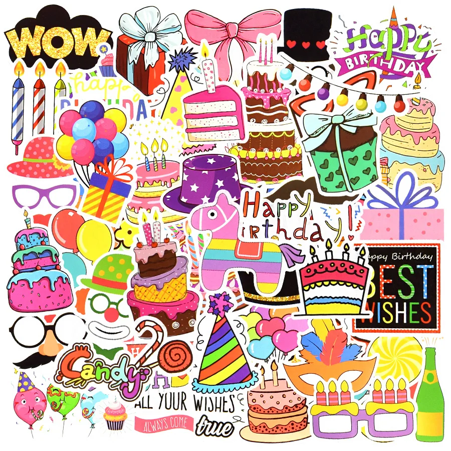 50 PCS Birthday Decoration Stickers Pack Cartoon Funny Sticker Waterproof DIY Kid Party Birthday Gift Wrapping Laptop Fridge Car