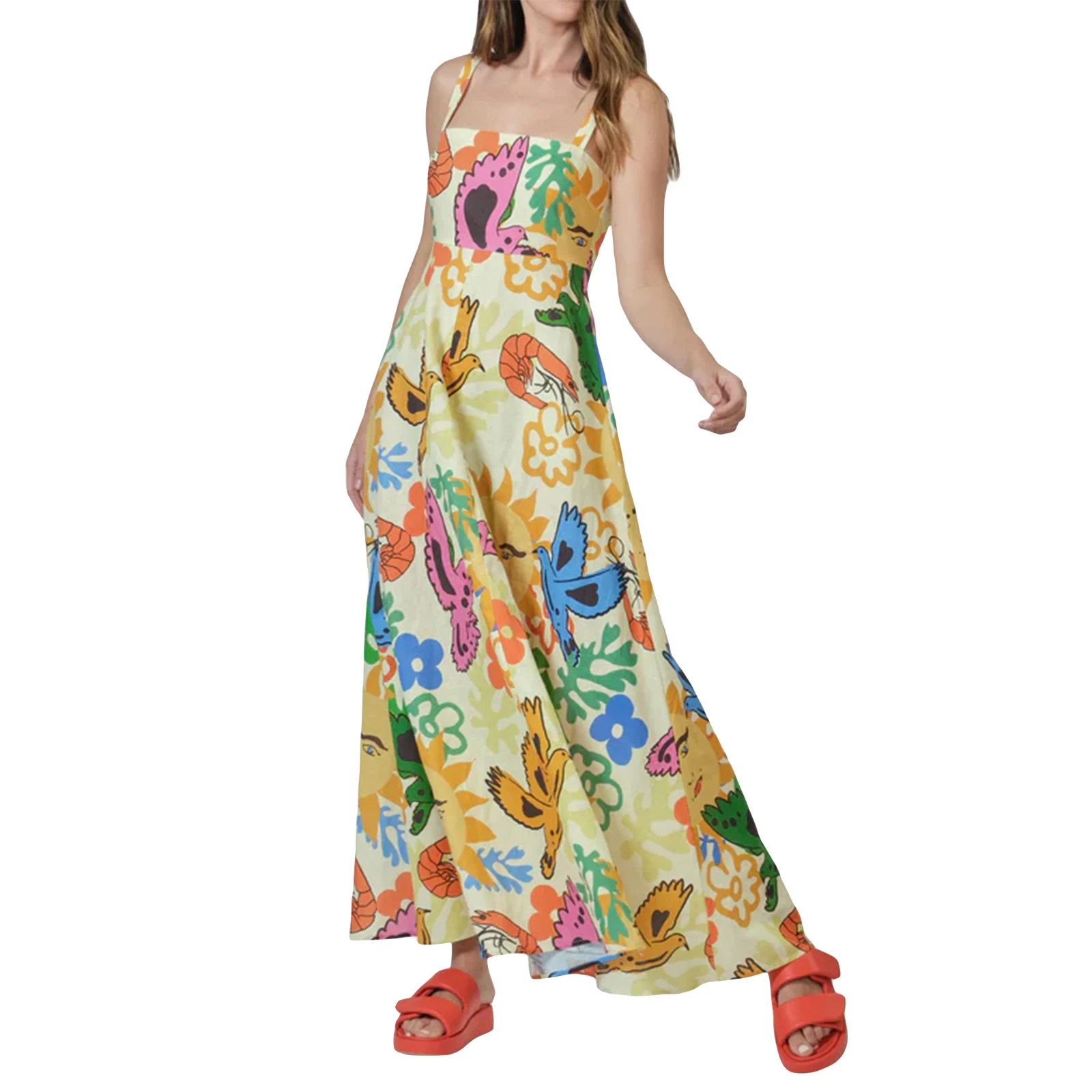 

Summer Women Long Dress Sun Birds Print Sleeveless Dress Summer Casual Cami Dress A-line Dress