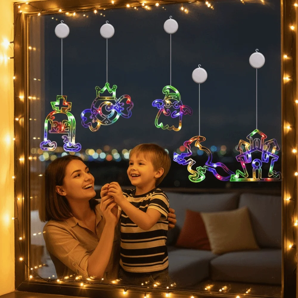 Battery-operated Halloween Suction Lights Plastic Transparent Window Silhouette Lamp Removable Cordless LED Glass Pendant