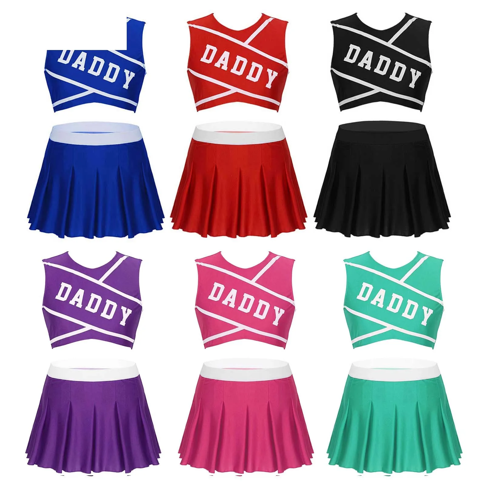 Iiniim Womens Adult Schoolgirl Charming Cheerleader DADDY Lover per Halloween Cosplay Costume Crop Top con Mini gonna a pieghe