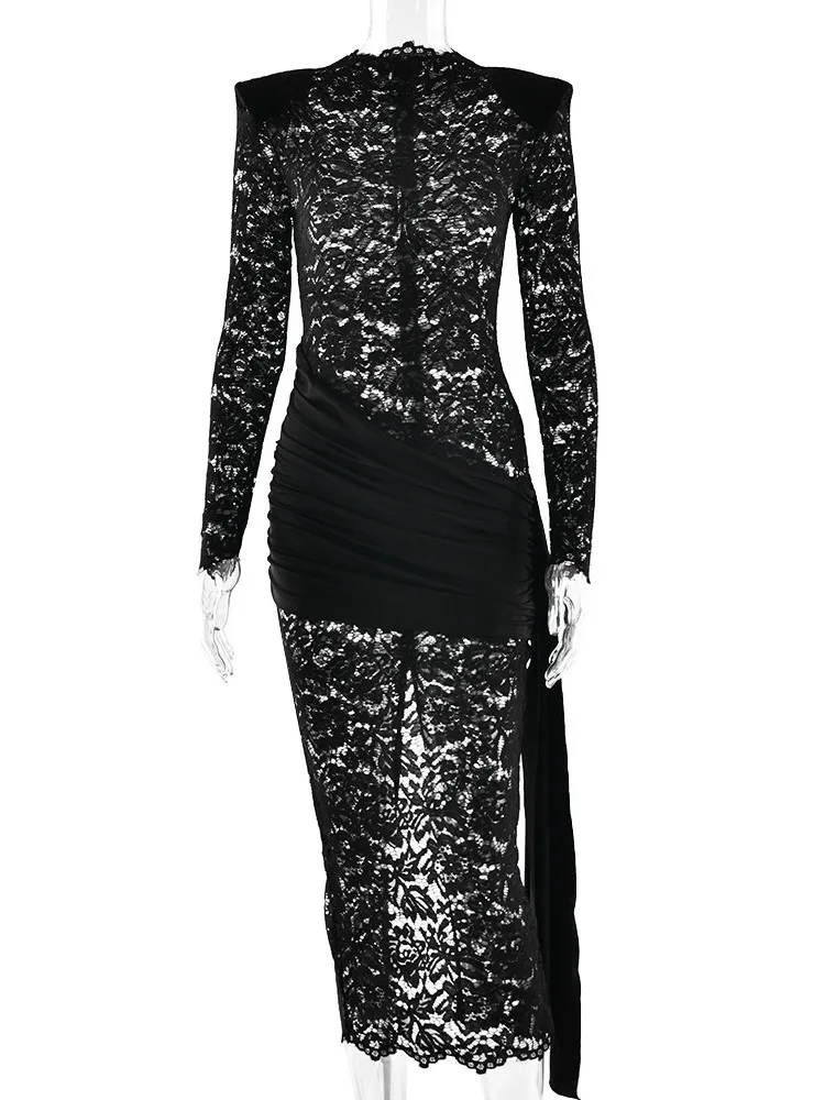 Arctic Cat Elegant Hollow Out Bodycon Kant Sheer Jurk Vrouwen Gesplitst Lint Lange Mouw Slanke Jurk Feestavondjurk Winter Nieuw