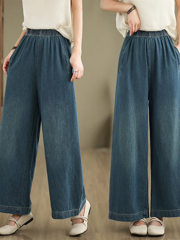 

Loose Fit High Waist Wide Leg Soft Denim Jeans Thin Summer Trousers for Women Casual Style Long Pants Rectangular Body Type