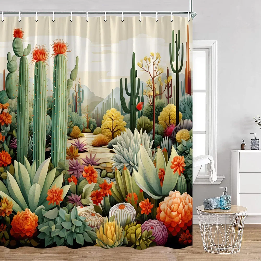 Cartoon Cactus Shower Curtain Green Cactus Nature Scenery Succulent Tropical Desert Plants Bath Curtain Bathroom Decor with Hook