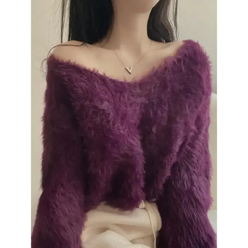 Korean Style Gentle Elegant Plush Sweater Women's Autumn/winter New Long Sleeve Cropped Knitted Top Hooded Pullovers